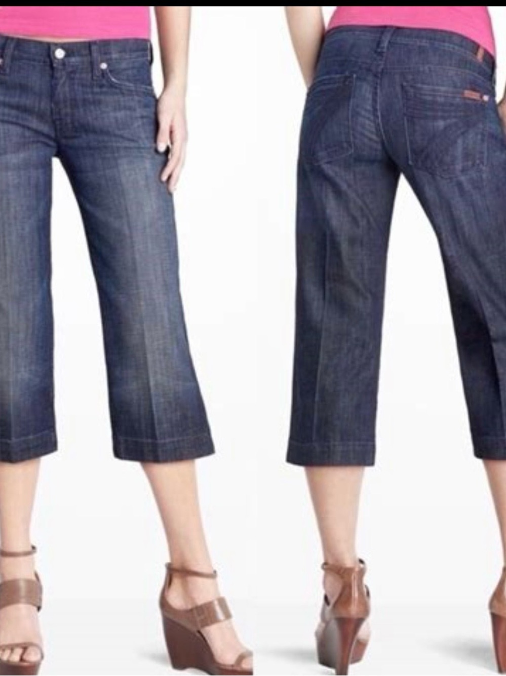7 For All Mankind Jeans Womens Cropped Dark Blue Denim 5 Pocket Button Zip Logo